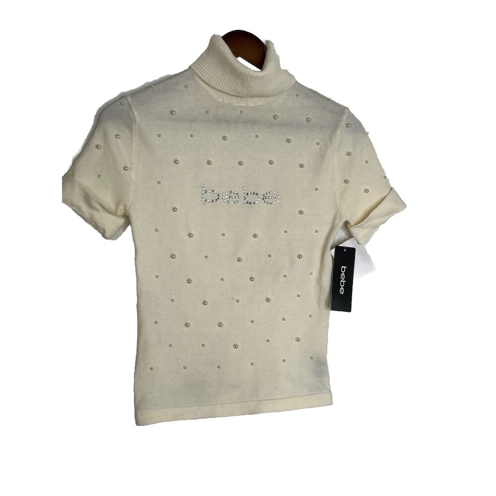 Bebe NWT Y2K Brand Spell out Pearl Turtleneck Rhinestone Clueless Mean Girls